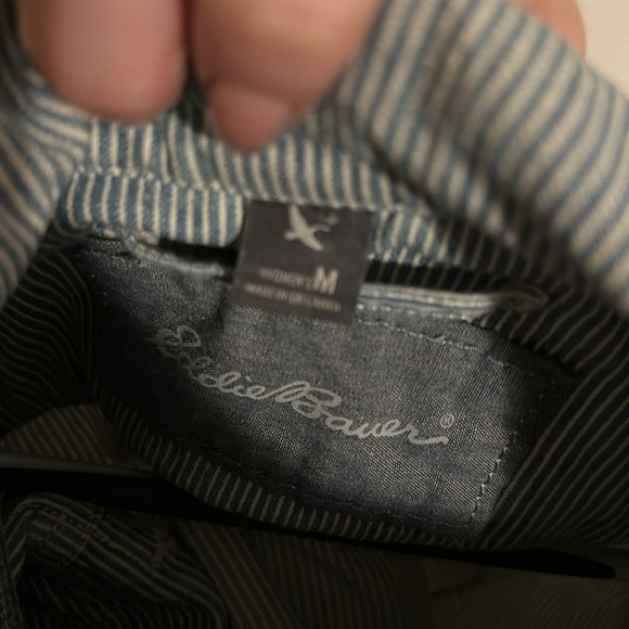 EDDIE BAUER | Light Blue Pin Stripped Lightweight Shirt Jean Jacket Button Up - Picture 13 of 15